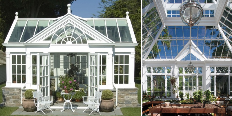 white glass greenhouse interior decor