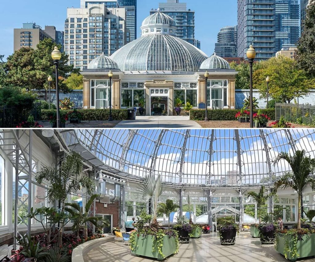 Allan Gardens is a public park and conservatory located in the Garden District of Toronto, Ontario, Canada. The property includes a playground, an off-leash dog park, and a 1,500-square-meter (16,000-square-foot) conservatory housing six greenhouses.