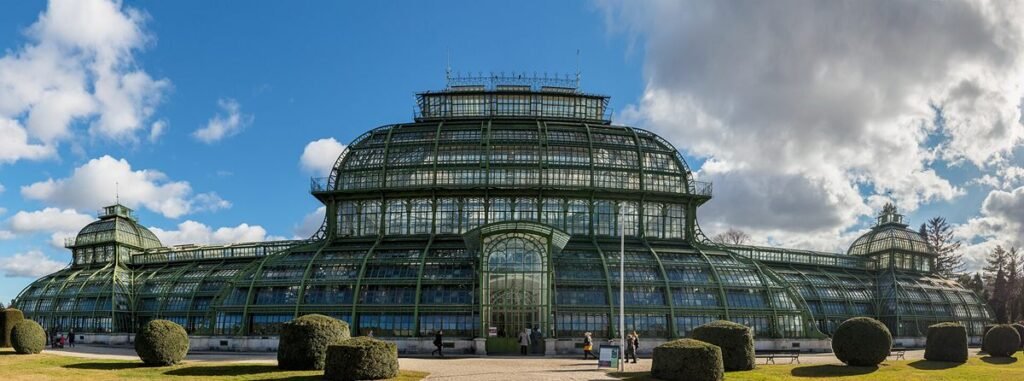 The Palm House was constructed using 600 tons of wrought iron and 120 tons of cast iron; it measures 111 meters in length, 28 meters in width, and 25 meters in height, and utilizes 45,000 glass panes.