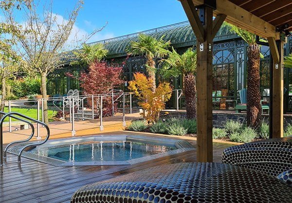 Poolside conservatory enclosing a swimming pool with iron structure