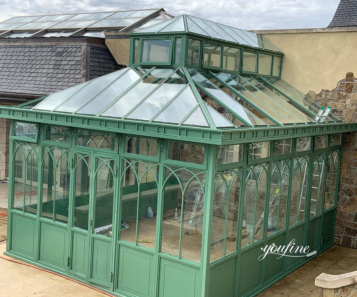 modern iron lean to greenhouse