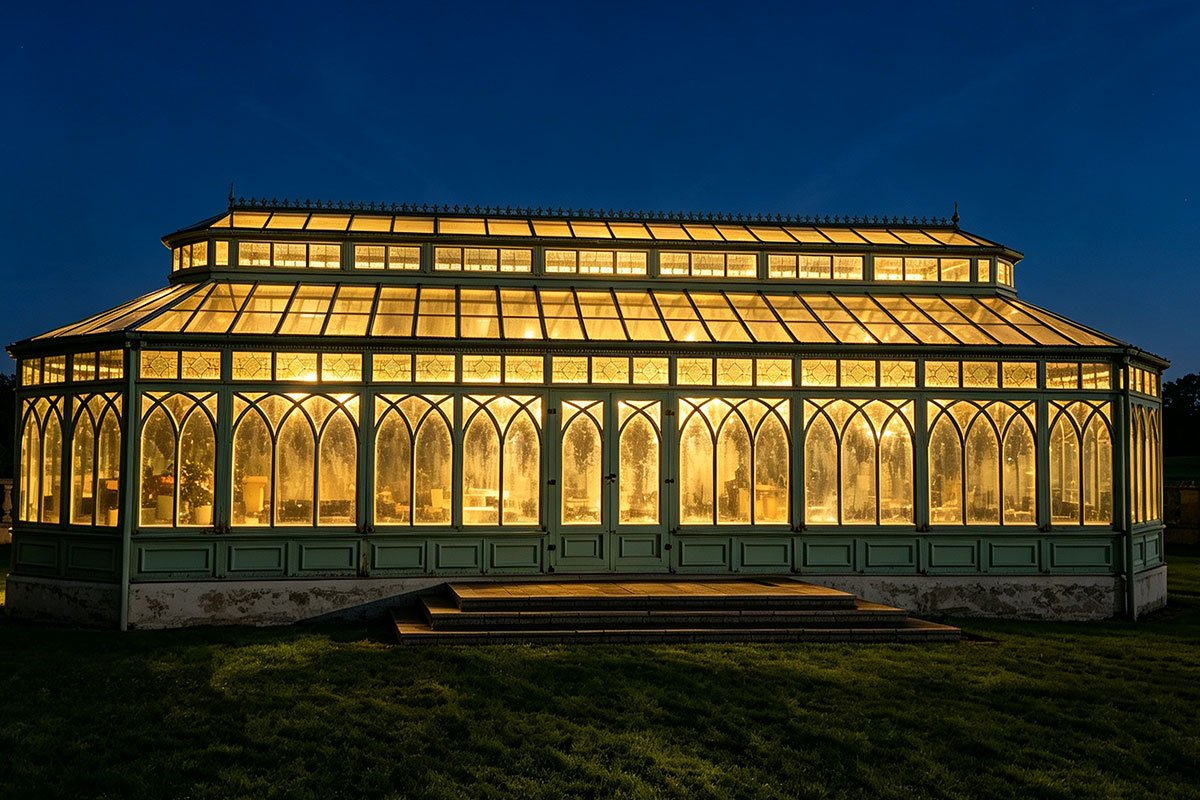 orangery glass house in night