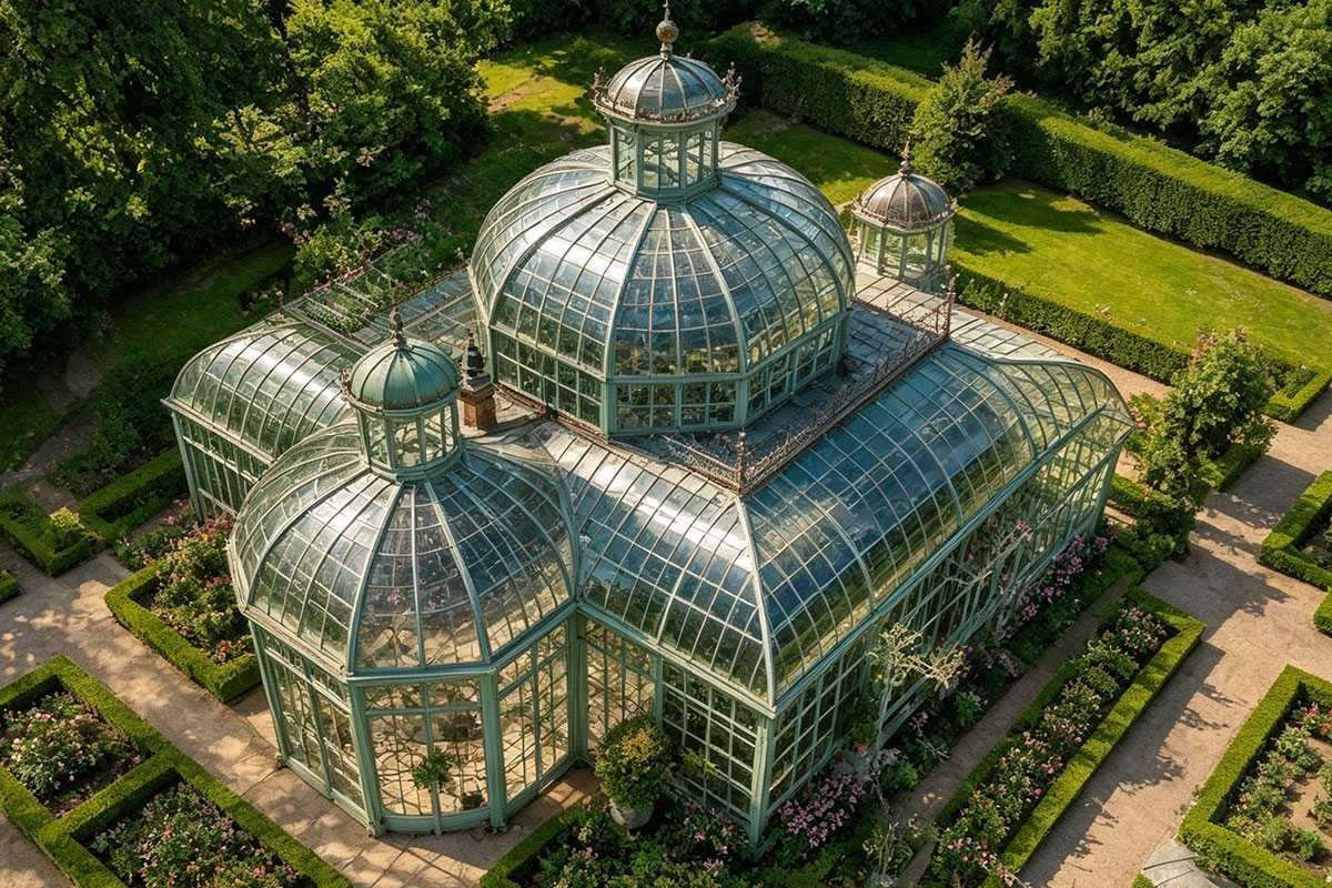 over view of back garden conservatories