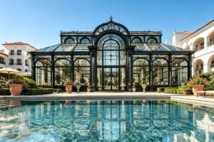 wrought iron swimming pool conservatory