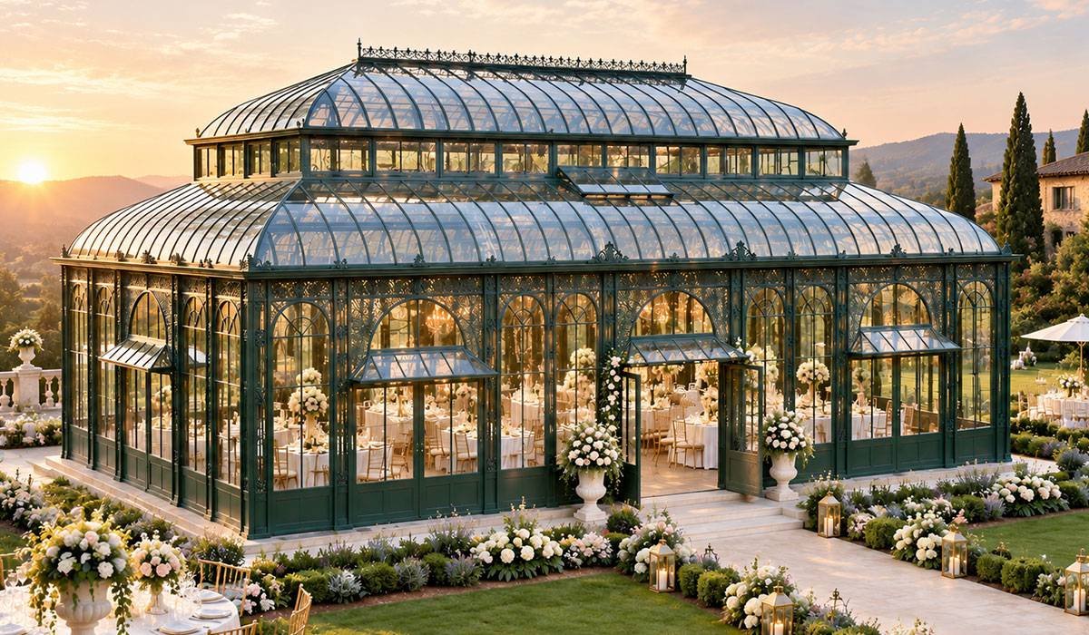 large glass gazebo wedding