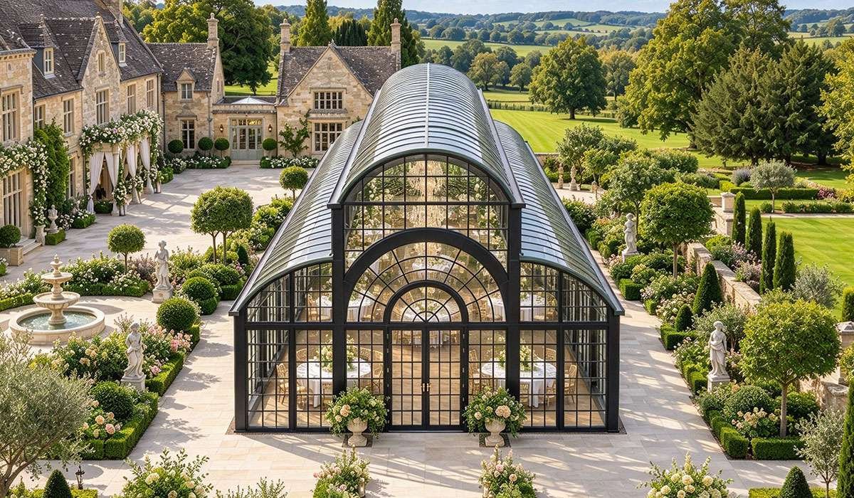 large iron outdoor glass sunroom